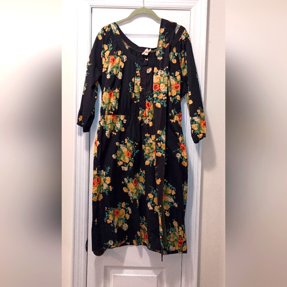 Anthropologie Mauve Floral Cotton   Dress Size 14